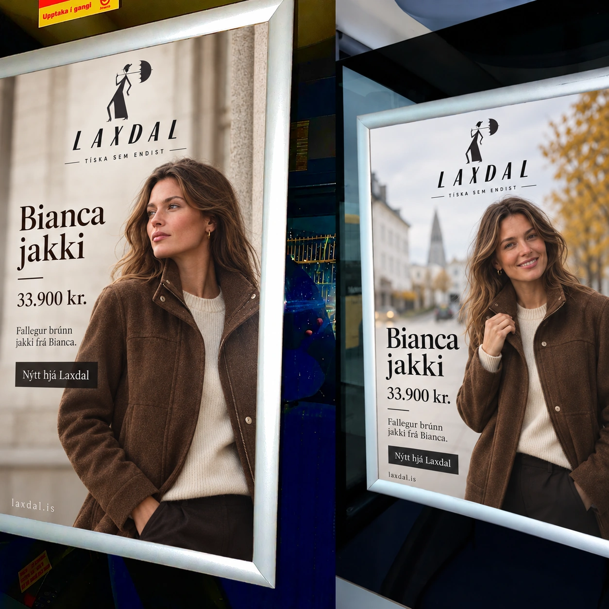 Laxdal á plakötum inni í vagni — sýnimynd